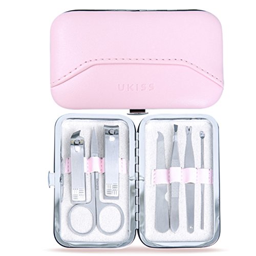 UKISS Pink Manicure Pedicure Set & Nail Clippers set - 7 Piece Stainless Steel Tools for Nail -with Small Leather Travel Case for Girl Woman Man