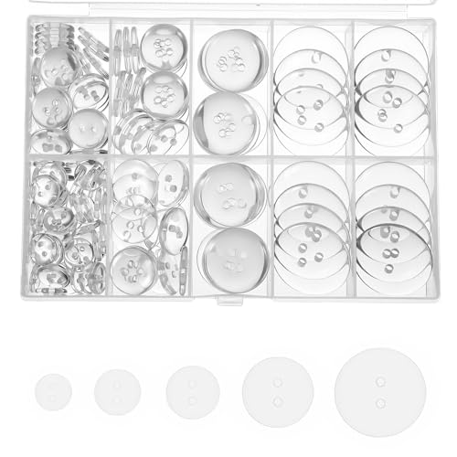 Elegaperma Lot de 160 boutons transparents - 5 tailles - Boutons à coudre avec boîte de rangement - Boutons lisses à 2 trous - Pour la couture de manteaux,...
