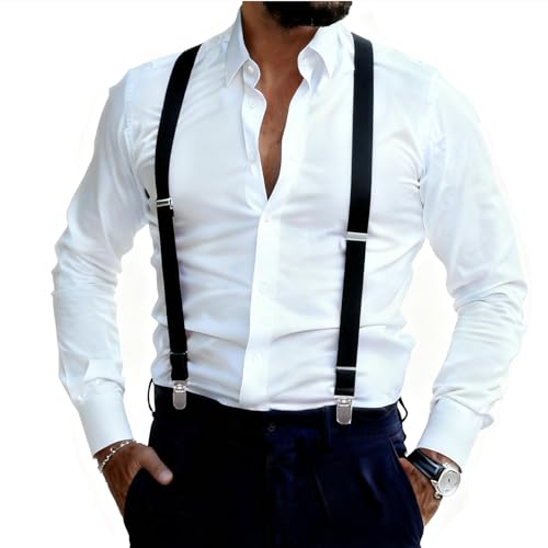 Image of Suspenders for Men and Women Adjustable Elastic 1 inch Wide Leather Heavy Pants Strong Metal Clips Suspender Costume