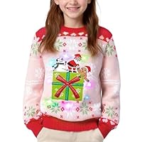 MELAND Christmas Jumper Kids, Pink Santa Gift Light up Christmas Jumper for Girls Boys Age 5-16 Years Old, Unisex Ugly Xmas Sweater for Kids (8-10 Years)