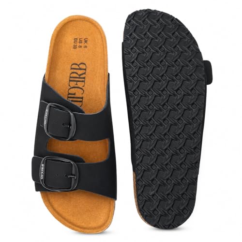 Image of Bregid Women Classic Black Nubuck Leather Sandals | Premium Cork and Eva Comfort Sole for Everyday Wear | Slip on Stylish Footwear with Durable Arch Support