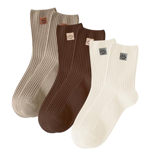 Kryzalite 3 Paar süße Crew-Socken, ästhetische Socken mit lächelndem Gesicht, bestickte Baumwollsocken für Damen, Mädchen und Studenten (Kaffee, Khaki, Milchweiß)