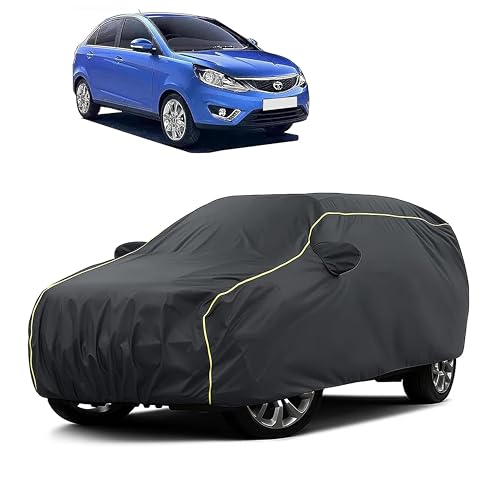 Image of Sulfar 100% Water Resistant Car Body Cover Compatible with Mirror for Tata Zest (Triple Stitched, Full Bottom Elastic, Dark Grey Taffeta with Yellow Piping)