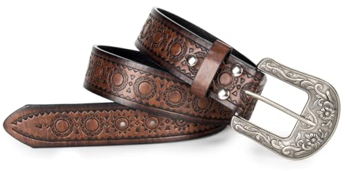 Western-Belt-for-Women-Cowgirl, PU-Leather-Waist-Belts with Vintage-Carved-Buckle and Tips-Ends for Jeans Pants Dresses3