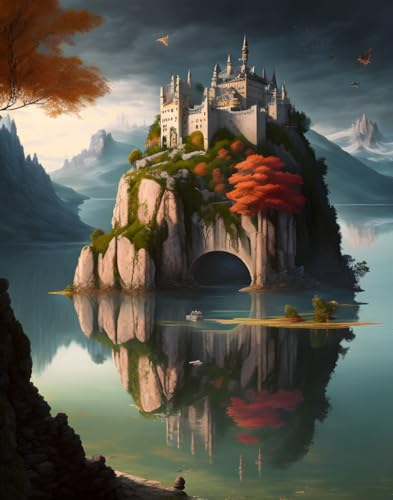 Toile murale pour mur vide grand poster château sur le rocher lac déco sans reflet