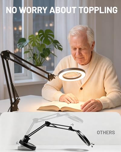 Image of TANYO 10X Magnifying Glass with Light, Real Glass Len Magnifier with Light with 3 Color Mode Dimmable, Dual Swing Arm Hands Free LED Desk Magnifier Lamp for Jewelry Sewing Crafts Embroidery Repair