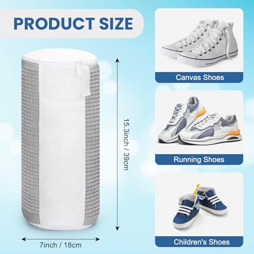 2 Pcs Shoe Washing Machine Bag, Laundry Shoe Bag for Washer and Dryer, Reusable Zipper Shoe Mesh Cleaning Bag Fluffy Fiber Inside, with Insole and Shoe Lace Pocket (Grey)4