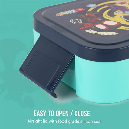 Image of CELLO Kidzbee Galaxy Web Warriors Insulated Kids Lunch Box with Inner Steel Box, Navy Blue | 3D Touch & Feel Designs Tiffin Box | Leak Proof & Break Resistant | Ideal for School & Picnic