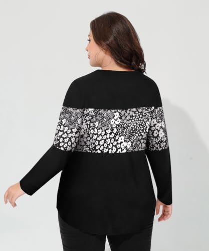Image of CARCOS Plus Size Tops for Women Color Block Flower /Striped /Camo Crew Neck Long Sleeve Tee Shirt