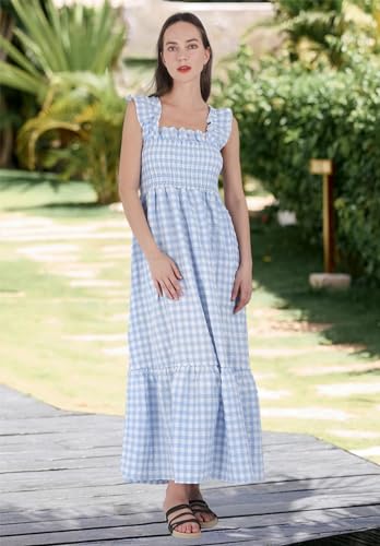 Image of chouyatou Women's Retro Plaid Smocked Dress Spaghetti Strap Flounce Long Dress