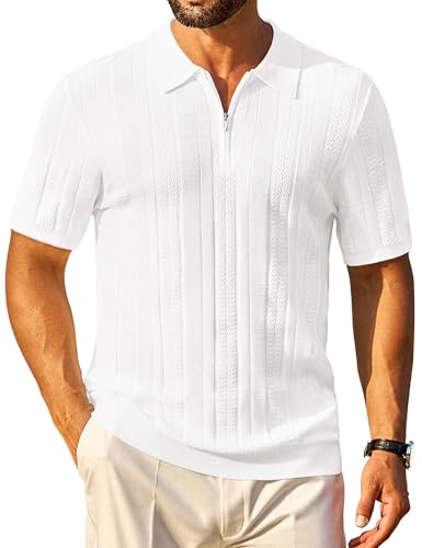 Cotrasen Mens Zipper Polo Shirts Short Sleeve Textured Knit Polo Shirts Regular Fit Casual Stretchy Golf Shirts