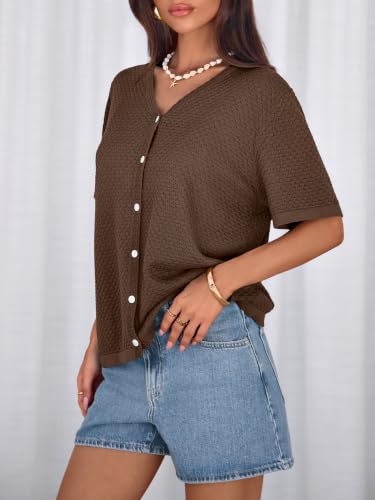 Image of NALANISA Women's Short Sleeve Sweater Spring Summer Crochet Knit Tops 2026 V Neck Striped Button Down Dressy Casual Blouses