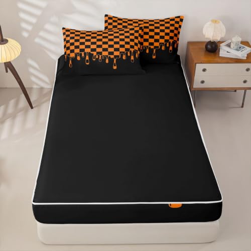 Image of Orange and Black Checkered Zipper Bedding Set Twin Zip Up Bedding Checkerboard Drip Gingham Plaid Comforter Set with Sheets for Child Girls Boys,Modern Geometric Grid Bed in a Bag Halloween Bed Sets