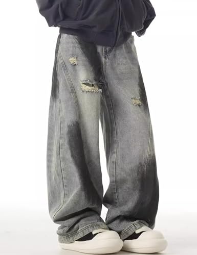 Men Y2k Ripped Baggy Jeans Hip Hop Vintage Skater Jeans Wide Leg Denim Pants Loose Long Trousers4