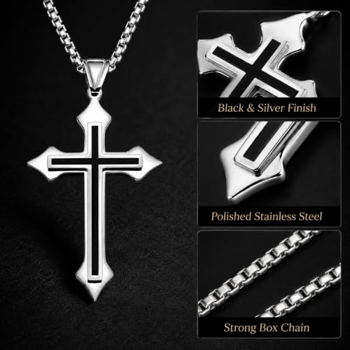 Image of M Men Style Religious Lord Jesus Christain Christ Cross Black and Silver Stainless Steel Pendant Necklace Chain for Men and Women SujalPn20221097