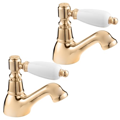 Deva GE01/501 Georgian Basin Gold Pair of Traditional Brass Sink Tap-Single Hot & Cold Lever Handles Bathroom Toilet Washroom Ensuite Faucet – 12 Year Warranty, Set of 2 Pieces