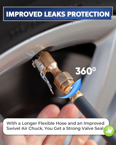 Tire Inflator with Pressure Gauge and Longer Hose - Most Accurate, Heavy Duty Air Chuck with Gauge for Air Compressor Tire Inflator Attachment - 100PSI