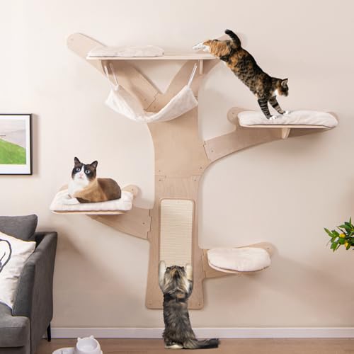Tangkula Cat Wall Shelves, Wall Mounted Cat Tree Furniture with 4 Padded Platforms, Hammock, Sisal Scratching Mat, Removable & Washable Cushions, 5-Level Cat Climbing Steps for Wall