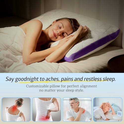 Image of BETU Cooling Pillow King Size, Shredded Memory Foam Pillows for Hot Sleepers, Adjustable Firm Bed Pillows, Hotel Collection Side Sleeper Pillow for Back Pain, Neck, Purple, 20 inchx36 inch