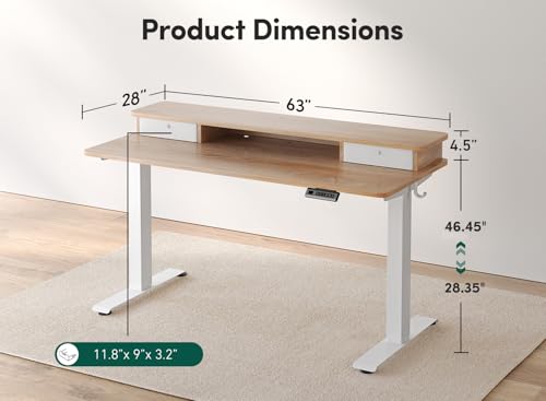 Image of FEZIBO 63 x 28 Inch Deeper Height Adjustable Electric Standing Desk with Double Drawers, Sit Stand Up, Home Office Computer Desk with 4 Height-Adjustable Feets & 2 Hooks, White Frame /Maple Top