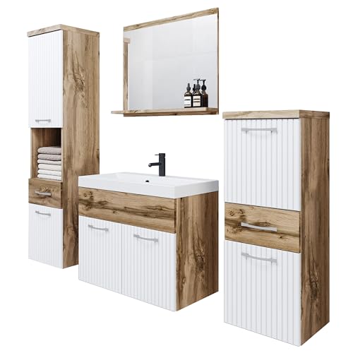 PIASKI Alba Ensemble de meubles de salle de bain avec lavabo, miroir, armoires hautes et moyennes, plateau stratifié MDF, suspensions, Wotan/blanc ondulé, 6...