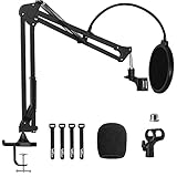 Boom Arm Stand, VeGue Adjustable Suspension Scissor Microphone Stand with 3/8' to 5/8' Adapter, Pop Filter, Mic Clip, Heavy Duty Desk Clamp for Blue Yeti Nano Snowball Ice and Other Mics(VA10)