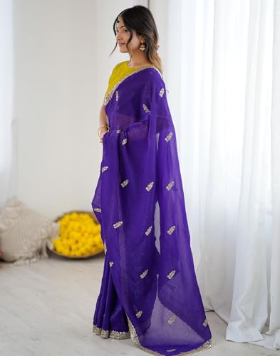 Image of SIRIL Women's Tissue Silk Scalloped Border Embroidery Saree with Unstitched Blouse Piece