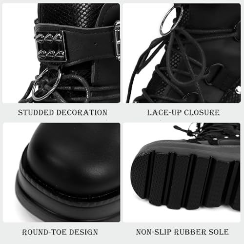 Women Wedge Ankle Boots Lace-Up Zip Round Toe High Heels Goth Combat Booties Chunky Heel Platform Motorcycle Boots2