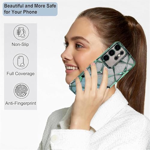 Image of VONZEE Gradient Glitter Clear Case for Samsung S25 Ultra, Luxury Electroplated 3D Cube, Diamond Bling Shiny Soft TPU Clear Shockproof Women Girls Protective Phone Cover (Green)