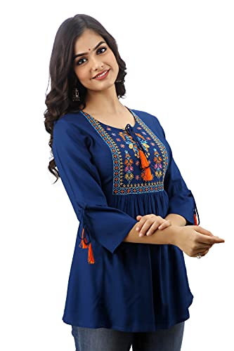 Image of DMP FASHION Women's Rayon Classic Heavy Embroidery Top with Beautifull Tassels at Front and on Both Sleeves