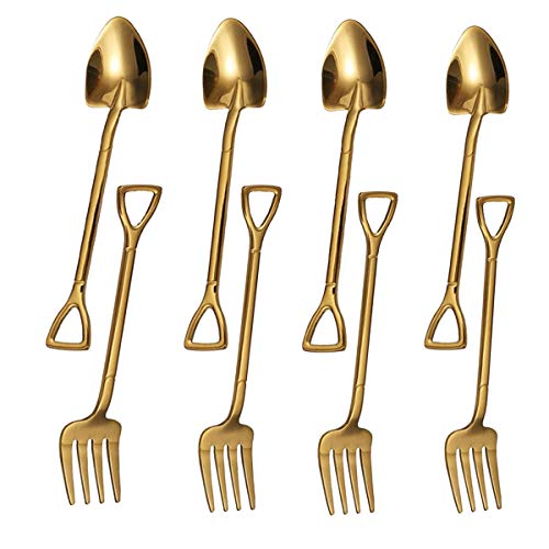 RoadLoo Cuchara Tenedor Pala, 8 Piezas Acero Inoxidable Helado Cucharas Postre Linda Mango Largo Cuchara Tenedor Vajilla Juego Cucharas para El Hogar Bodas Fiestas Café Cena Fruta Pastel.