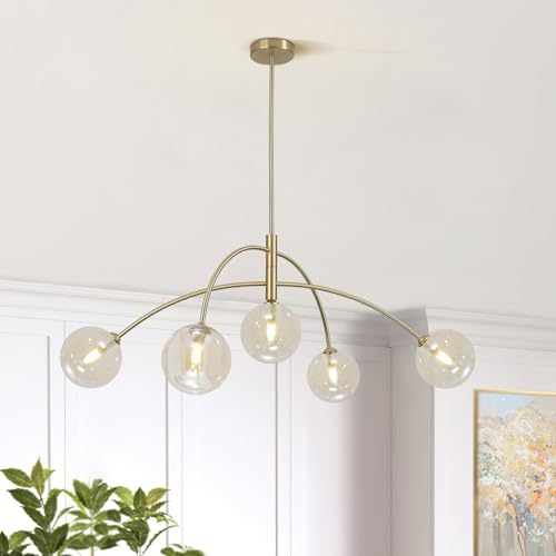 Image of Mid Century Modern Sputnik Chandelier 5-Light Gold Glass Ceiling Light Large Brass Chandelier for Dining Room Kitchen Bedroom