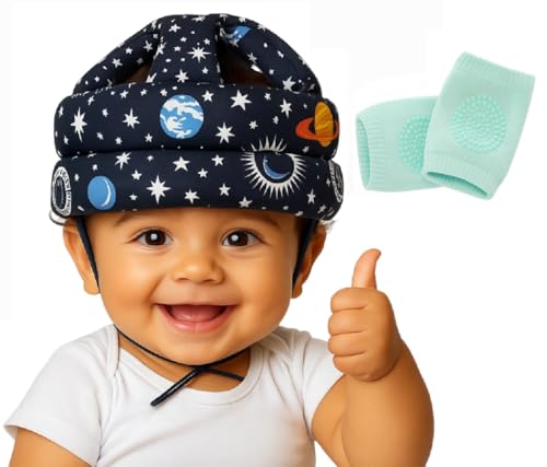 Image of TULOO Baby Infant Toddler Helmet No Bump Safety Head Cushion Bumper Bonnet Adjustable Protective Printed Cap Child Safety Headguard for Running Walking Crawling Safety Helmet (Black with Knee Pad)