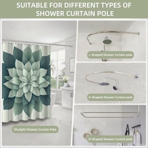Rideau de douche vert sauge 200x200 cm imperméable avec 12 crochets et motif mandala