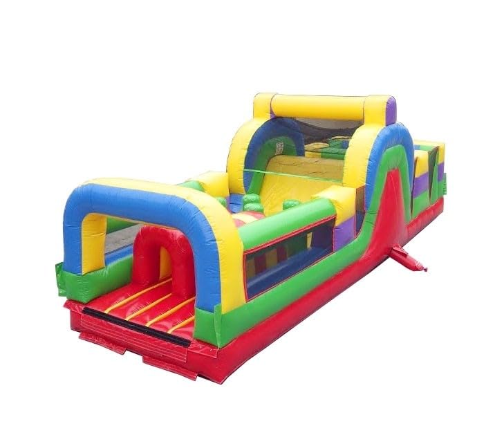 Retro Rainbow Inflatable Obstacle Course, with Rock Climbing Wall, Slide and Tunnel Entrance, 30'L x 11'w x 11' H, Commercial Grade Interactive Bouncer, Includes: Blower and Stakes
