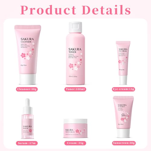 Coffret de soins 6 pièces Sakura, Coffret de soins du visage Sakura, Coffret de soins pour la peau Cherry Blossom, Hydratant et hydratant, set de traitement nettoyant pour le visage – Image 3