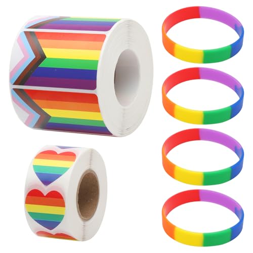 VOSSOT 1000 Stück LGBTQ Regenbogen-Aufkleber, 4 Regenbogen-Armband, Regenbogen Sticker, Pride Sticker, LGBTQ Sticker, Gay Pride AufkleberSelbstklebende Regenbogenflagge Aufkleber, Pride Accessoires