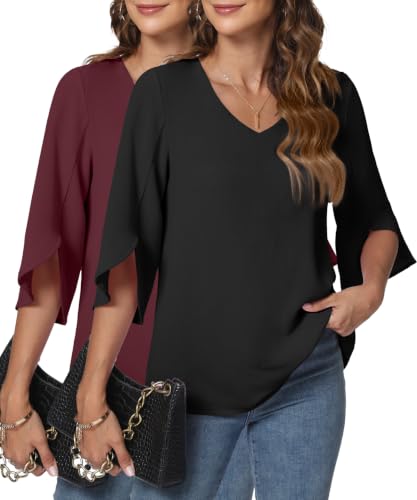 KUOTAI Womens Blouses Dressy Casual 3/4 Sleeve Tops Business Work Shirts
