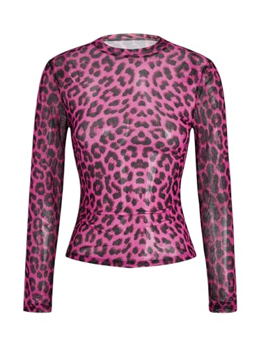 Verdusa Women's Cheetah Print Top Leopard Print Tops Mesh Y2k Mock