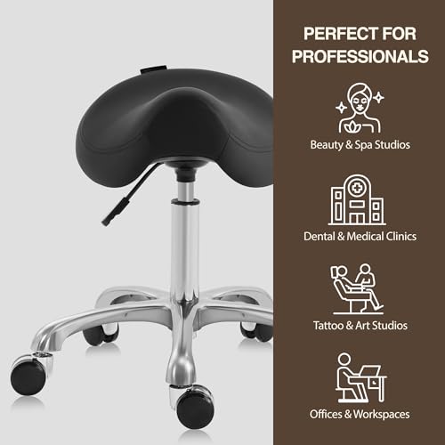 Image of Ergonomic Saddle Stool, Adjustable Pneumatic Swivel Rolling Saddle Seat with Wheels for Hygienic, SPA, Salon, Home and Office, Haku 506 Series, Black