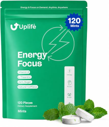 Uplife Energy and Focus Mint 190ct | 40mg Natural Caffeine + 80mg L-Theanine + Vitamin B12 & B3 | Sugar-Free Vegan | Nootropic Caffeine Mint for Clean Energy & Mental Clarity Made in USA Peppermint