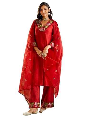 Royal Export Women's Chanderi Yoke Design Embroidered Straight Kurta Pant with Dupatta (RX177-LoomRed-Vnek-SKD_Red_S)