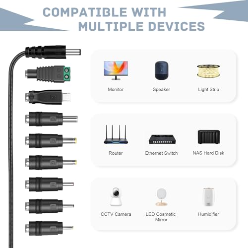 Artrastar 12V Netzteil Universal 12V 2A 1.5A 1A 24W AC 220V-240V auf DC 12 Volt Trafo LED Driver Adapter für LED Streifen CCTV Kamera, Router, 8 DC Steckeradapter, Kompakt Steckernetzteil