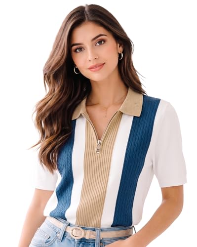 Image of AUSK Women's Casual Summer Polo Knit T-Shirt | Zip Collar Top | Half Sleeves | Ribbed Panel Design | Lightweight Comfort | Regular Fit
