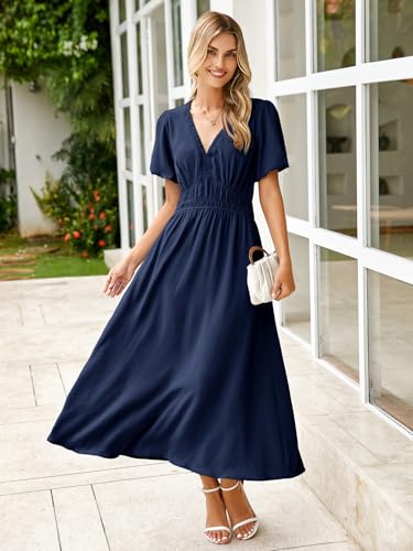 Image of Simplee Women's Summer Flowy Midi Dress Casual V Neck Short Sleeve Empire Waist Boho Beach Dress Wedding Guest Maxi Dress