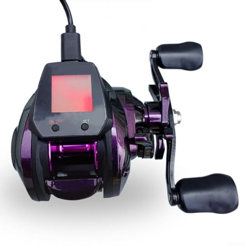 Getdoublerich Carrete de cebo impermeable con pantalla digital, carrete de pesca eléctrico a la derecha con bobina profunda alarma de peces para señuelos de pesca rafting (morado derecho)