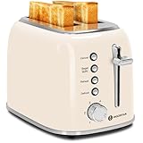 Aigostar Toaster 2 Slice, Retro Wide Slot Stainless Steel Toaster 800W for Toasting Bagels Breads, Defrost Reheat Cancel Functions, 6 Browning Settings, Removable Crumb Tray, Cream White