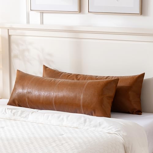 Image of Fancy Homi Brown Boho Long Lumbar Faux Leather Body Decorative Throw Pillow Cover 14x36 Inch for Bedroom Couch Bed Sofa Bench, Hand Stitched Stylish Pillowcase, Rustic Modern Farmhouse Room Decor