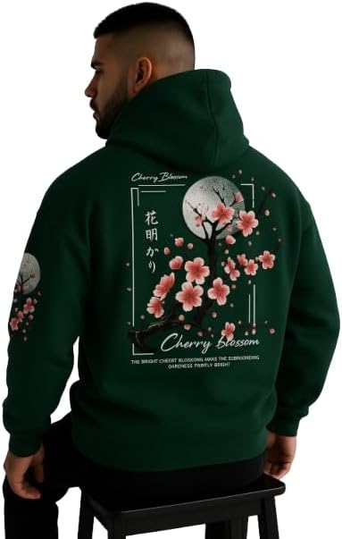 Mens Fleece Japanese Graphic Hoodies, Fashion Pullover Sweatshirt with Hood, Casual Long Sleeve Fall Winter Streetwear