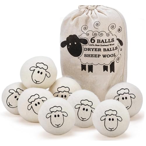 KNJOMZIE Juego de 8 bolas de secado de lana de oveja pura 100%, reutilizables, con bolsa de almacenamiento, ecológicas y de bajo consumo, suavizante natural para un lavado suave